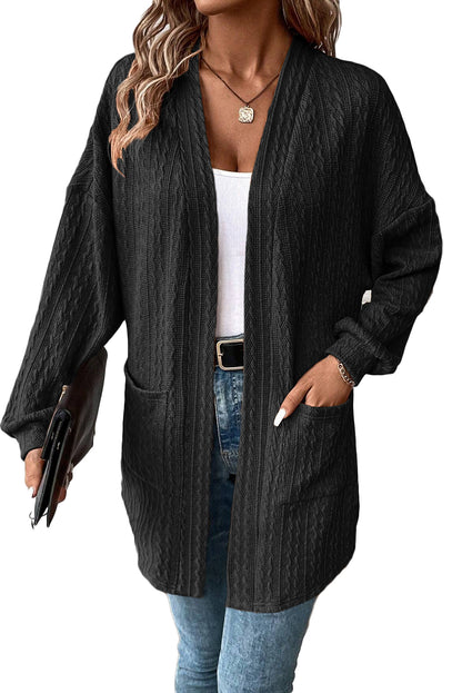 Textured Knit Side Pockets Open Front Cardigan | Black