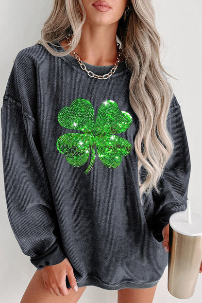 Gray Sequin St Patrick Clover Patch Corded Sweatshirt