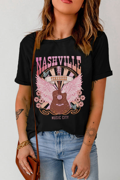 Nashville Music City Graphic Print Short Sleeve Top | Black