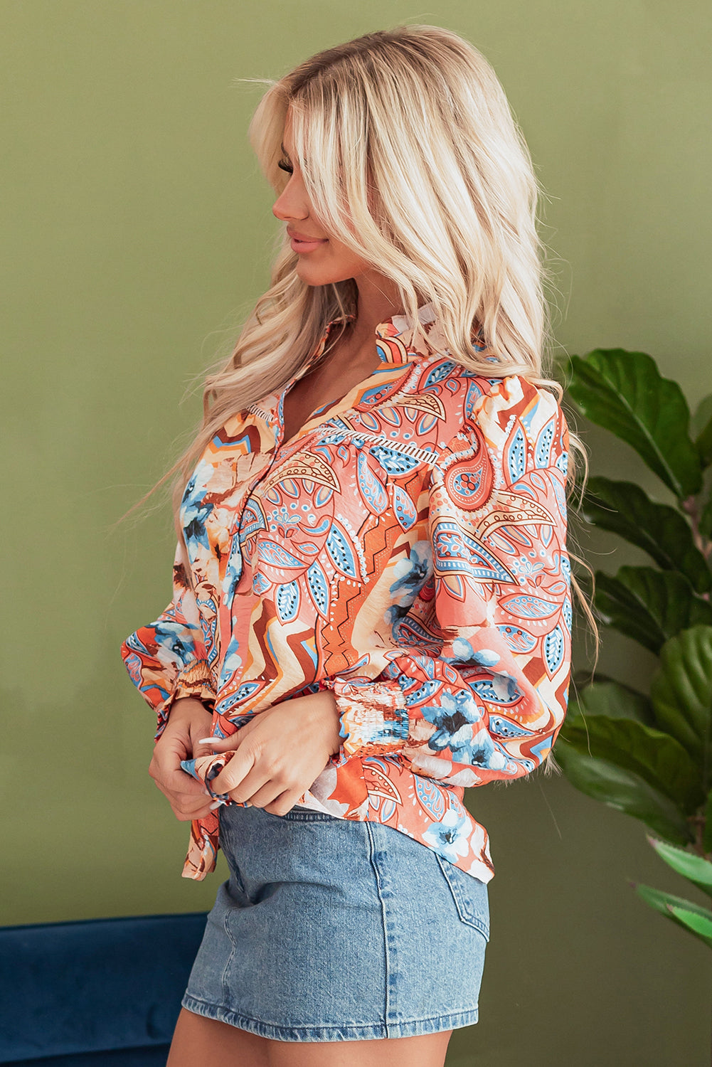 Floral Print Shirred Cuff Buttoned Loose Shirt | Orange