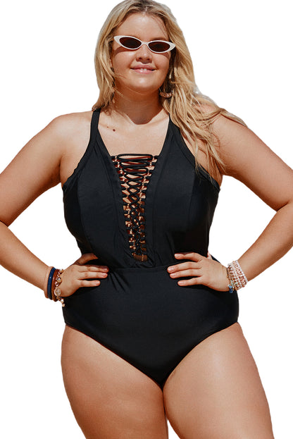 Solid  Crisscross Plunge V Neck Plus Maillot Swimwear | Black