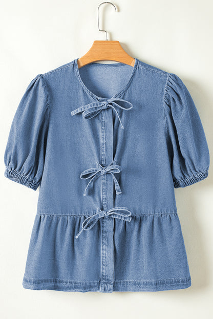 Tied Front Bubble Sleeve Peplum Denim Shirt | Dusk Blue