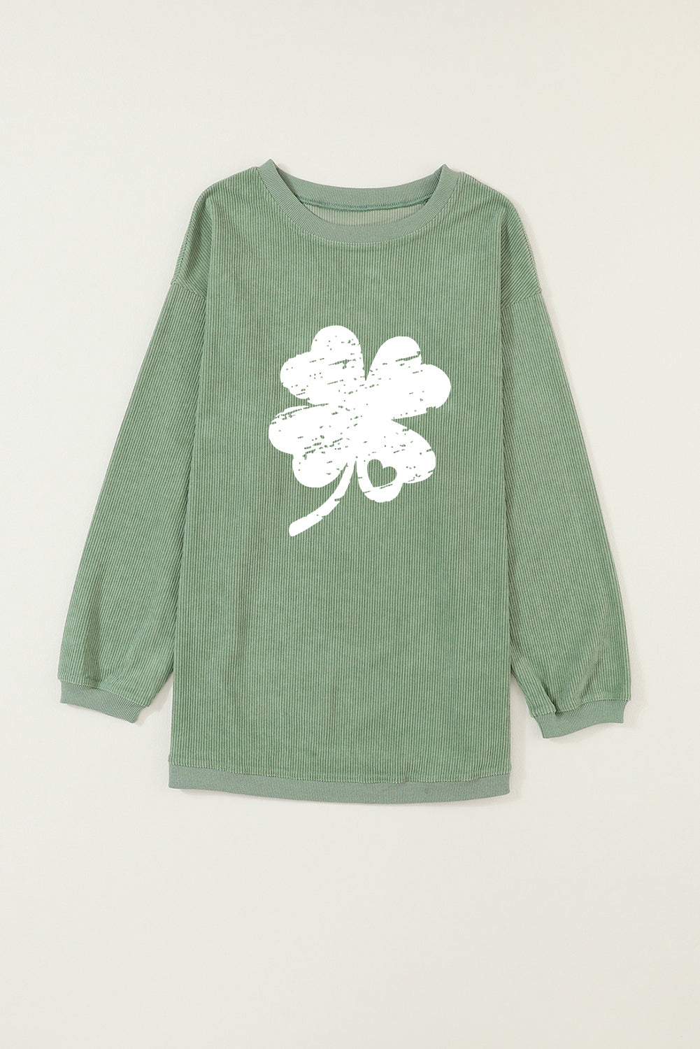 Distressed Clover Print St Patricks Corded Sweatshirt | Grass Green