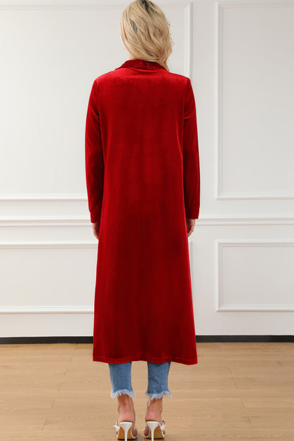 Fiery  Velvet Open Front Pocketed Long Duster | Red