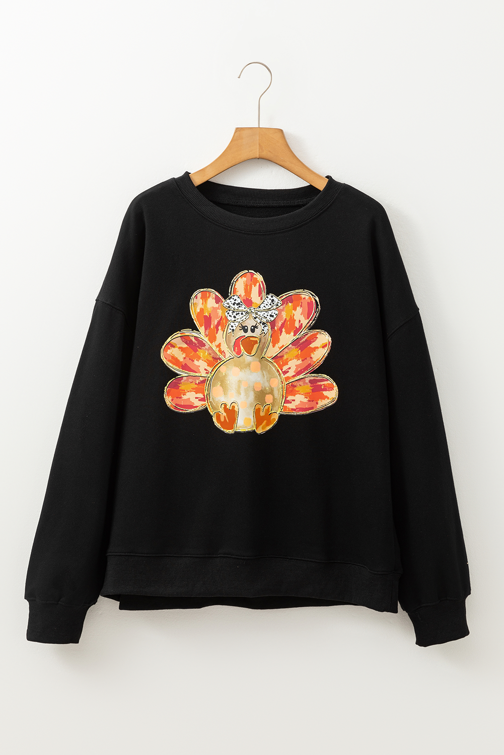 Thanksgiving Turkey Graphic Drop Shoulder Sweatshirt | Black