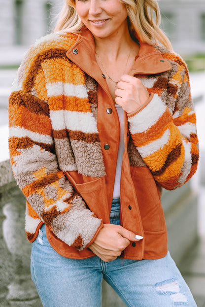 Quilted Patch Pockets Aztec Furry Jacket | Brown