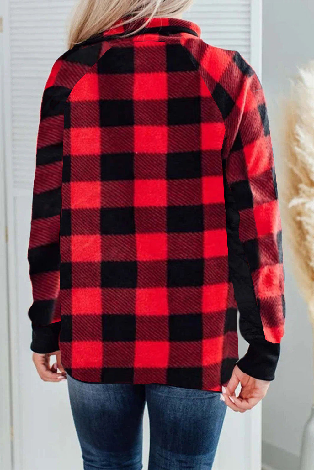 Fiery  Long Sleeve Plaid Paneled Sweatshirt | Red