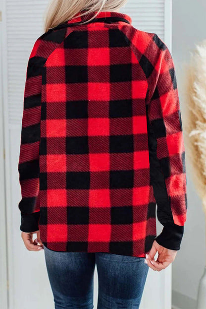 Fiery  Long Sleeve Plaid Paneled Sweatshirt | Red