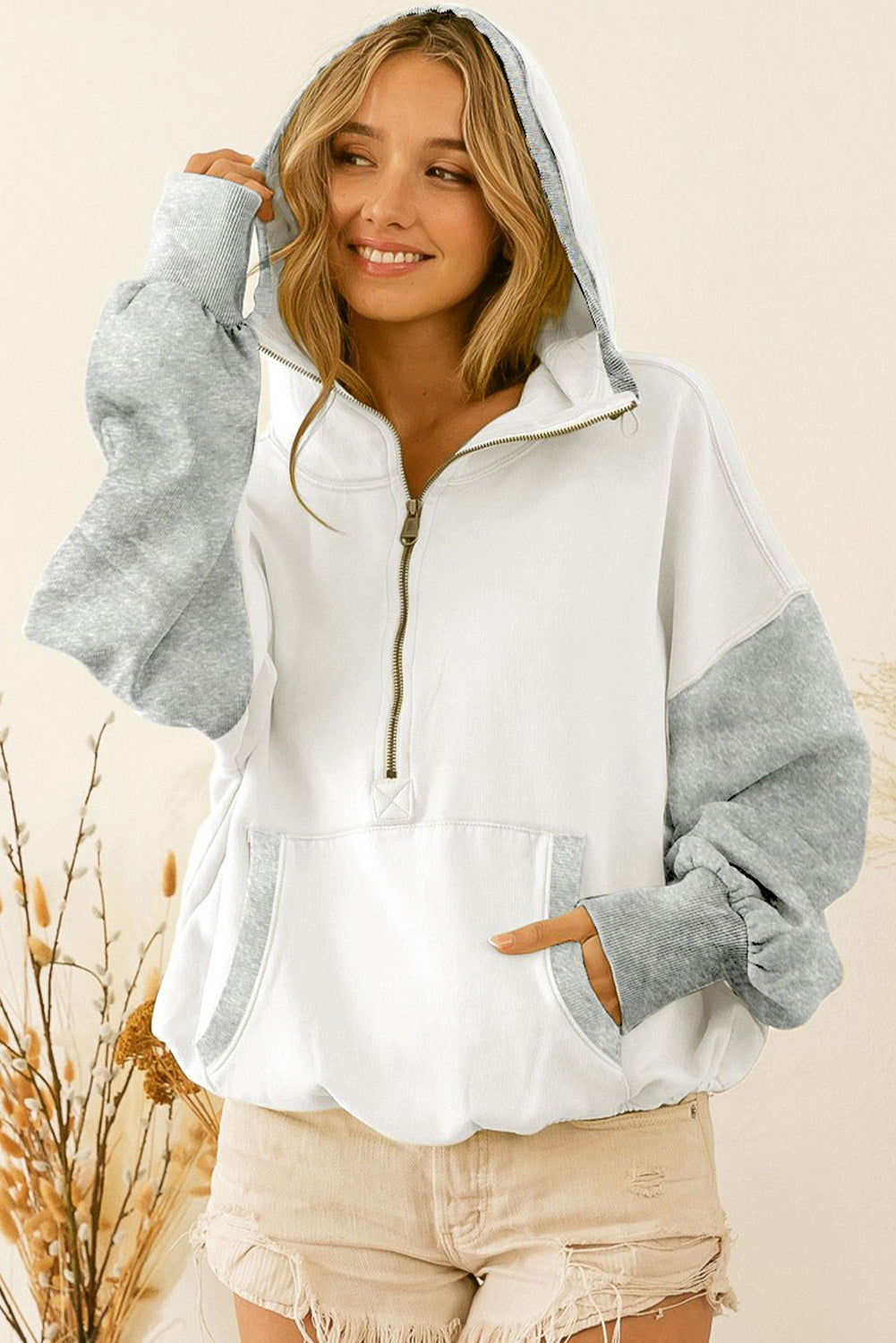 Half Zipper Kangaroo Pocket Drop Shoulder Hoodie | White