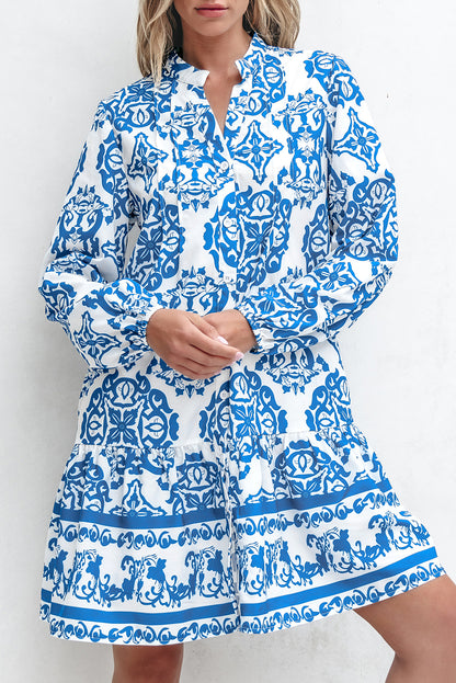 Tribal Print Button Up Notch Neck Loose Mini Dress | Sky Blue