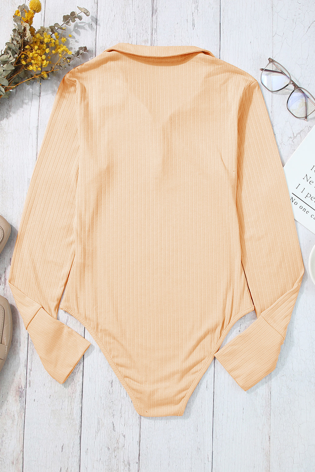 Collared Ribbed Long Sleeve Bodysuit | Apricot