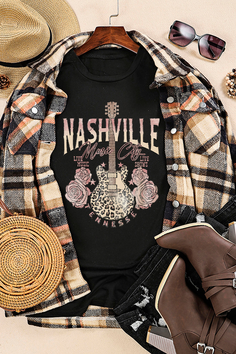 Nashville Music City Leopard Guitar Graphic T Shirt | Black