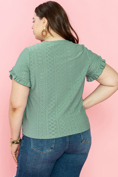 Petal Sleeve Jacquard V Neck Curvy Blouse | Laurel Green