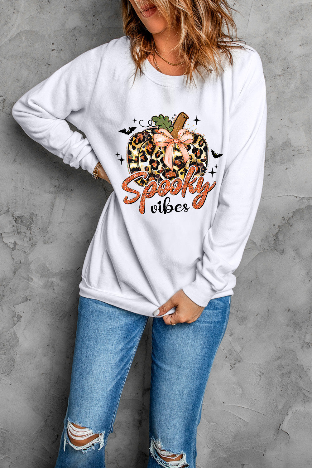 Spooky Leopard Pumpkin Print Crew Neck Sweatshirt | Beige