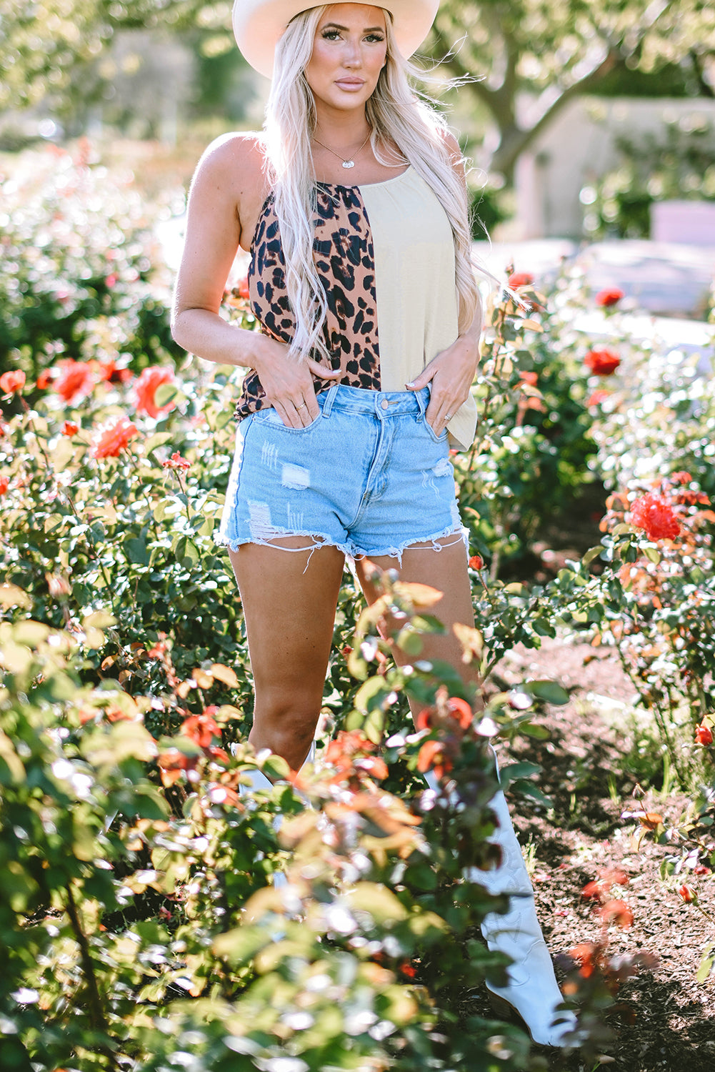 Leopard Contrast Patchwork Spaghetti Strap Tank Top | Khaki