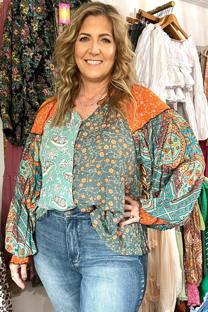 Floral Patchwork Lantern Sleeve Buttoned V Neck Plus Size Blouse | Green