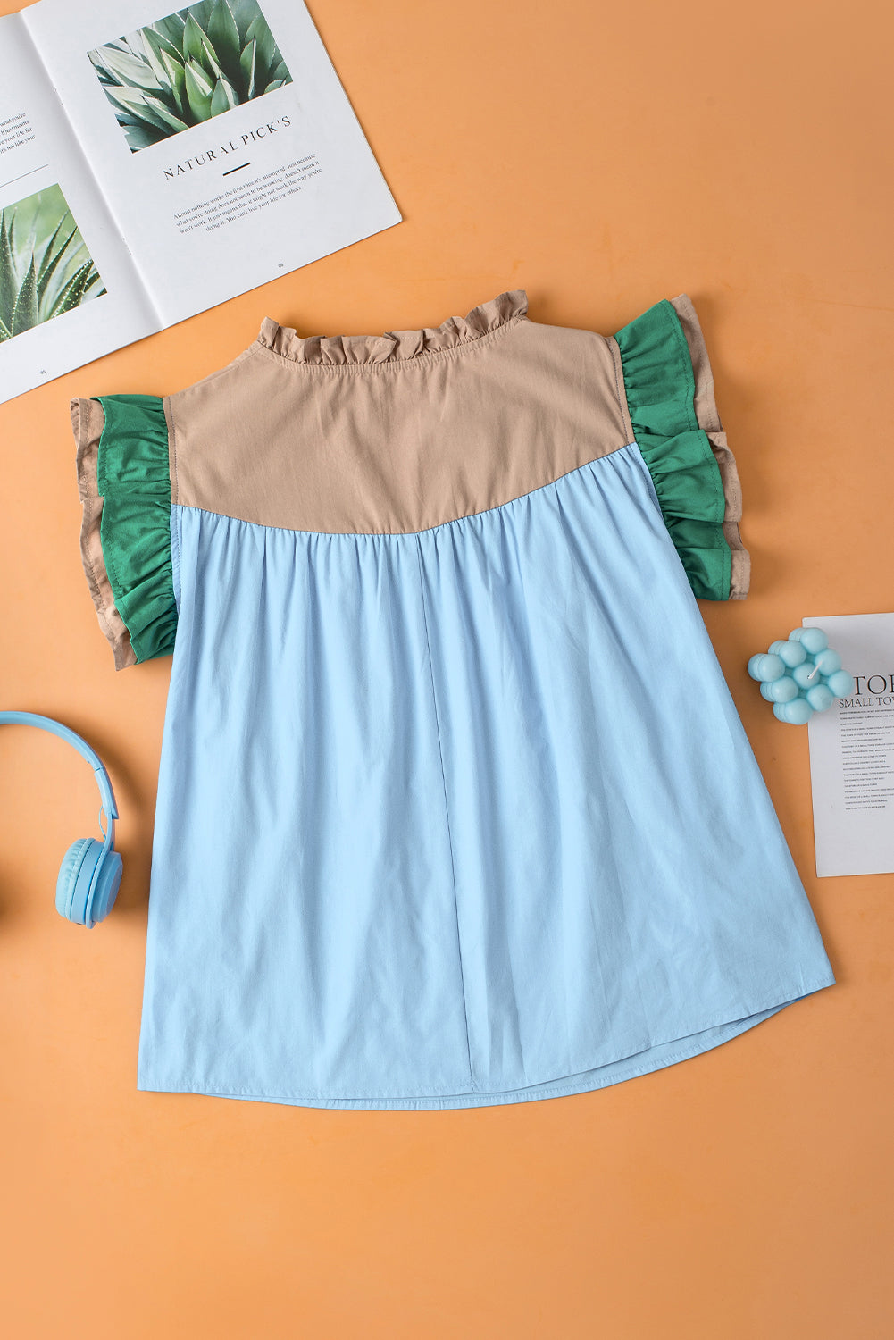 Colourblock Ruffled Sleeve Frill V Neck Blouse | Mist Blue