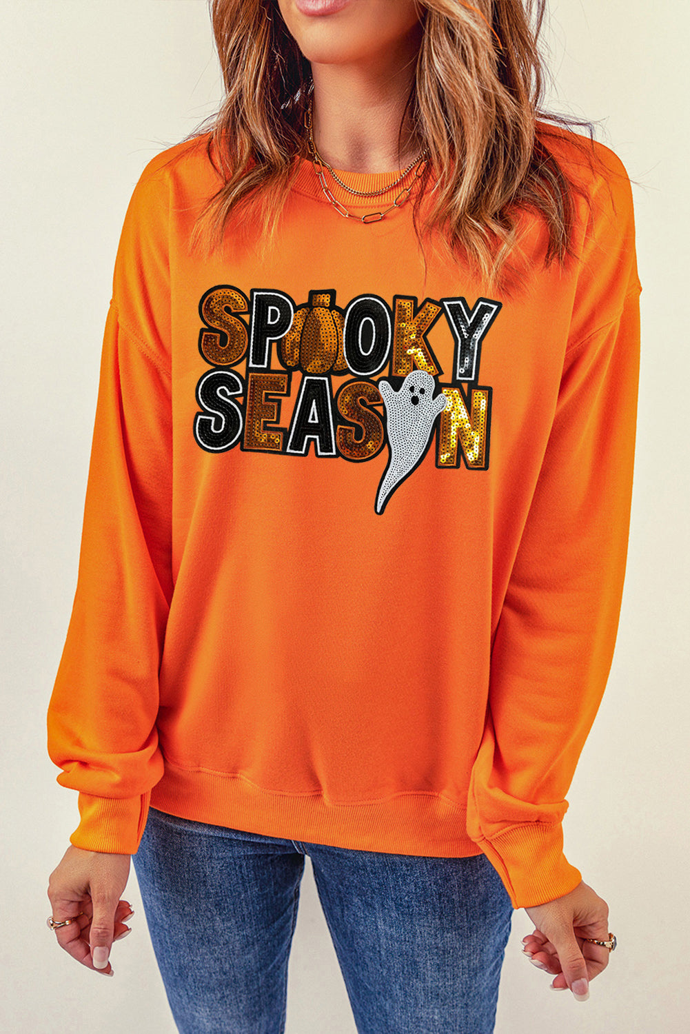 Sequin Spooky Season Ghost Pattern Halloween Pullover Sweatshirt | Russet Orange