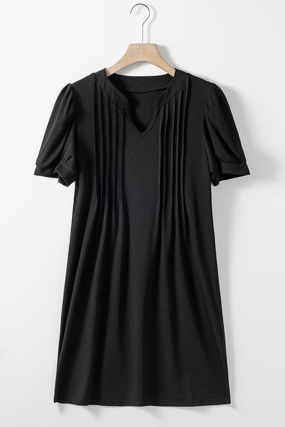 Notched Neck Pleated Puff Sleeve Shift T-Shirt Dress | Black