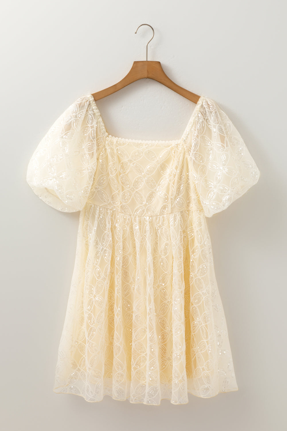 Sequined Lace Mesh Bubble Sleeve Square Neck Dress | Apricot