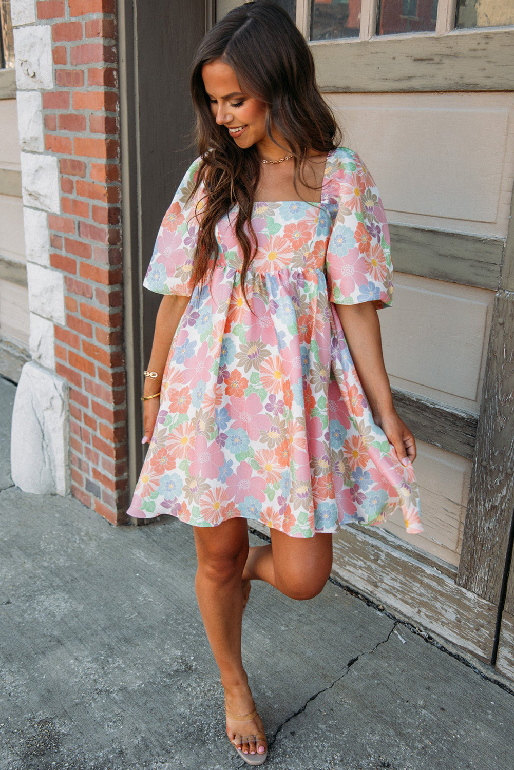 Summer Floral Square Neck Puff Sleeve Babydoll Dress | Pink