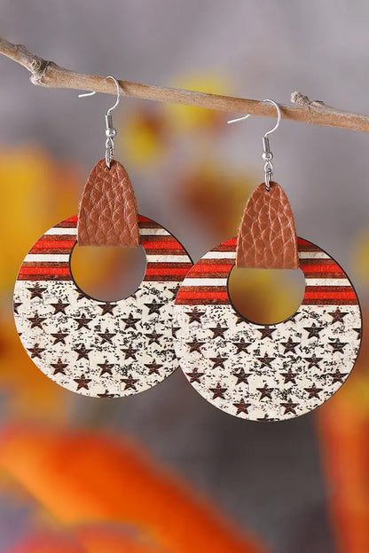 White Flag Print Round Wooden Dangle Earrings