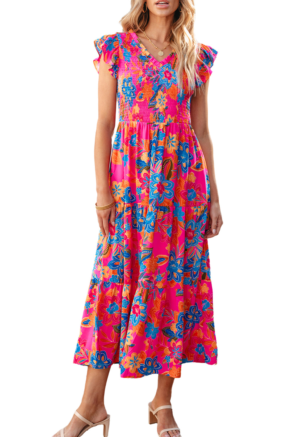 Boho Floral V Neck Ruffle Tiered Long Dress | Rose Red