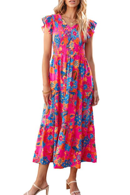 Boho Floral V Neck Ruffle Tiered Long Dress | Rose Red