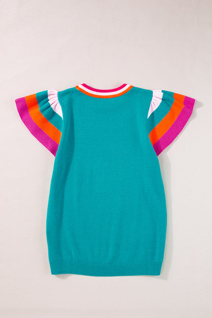 Contrast Flutter Sleeves Knitted Sweater T Shirt | Turquoise