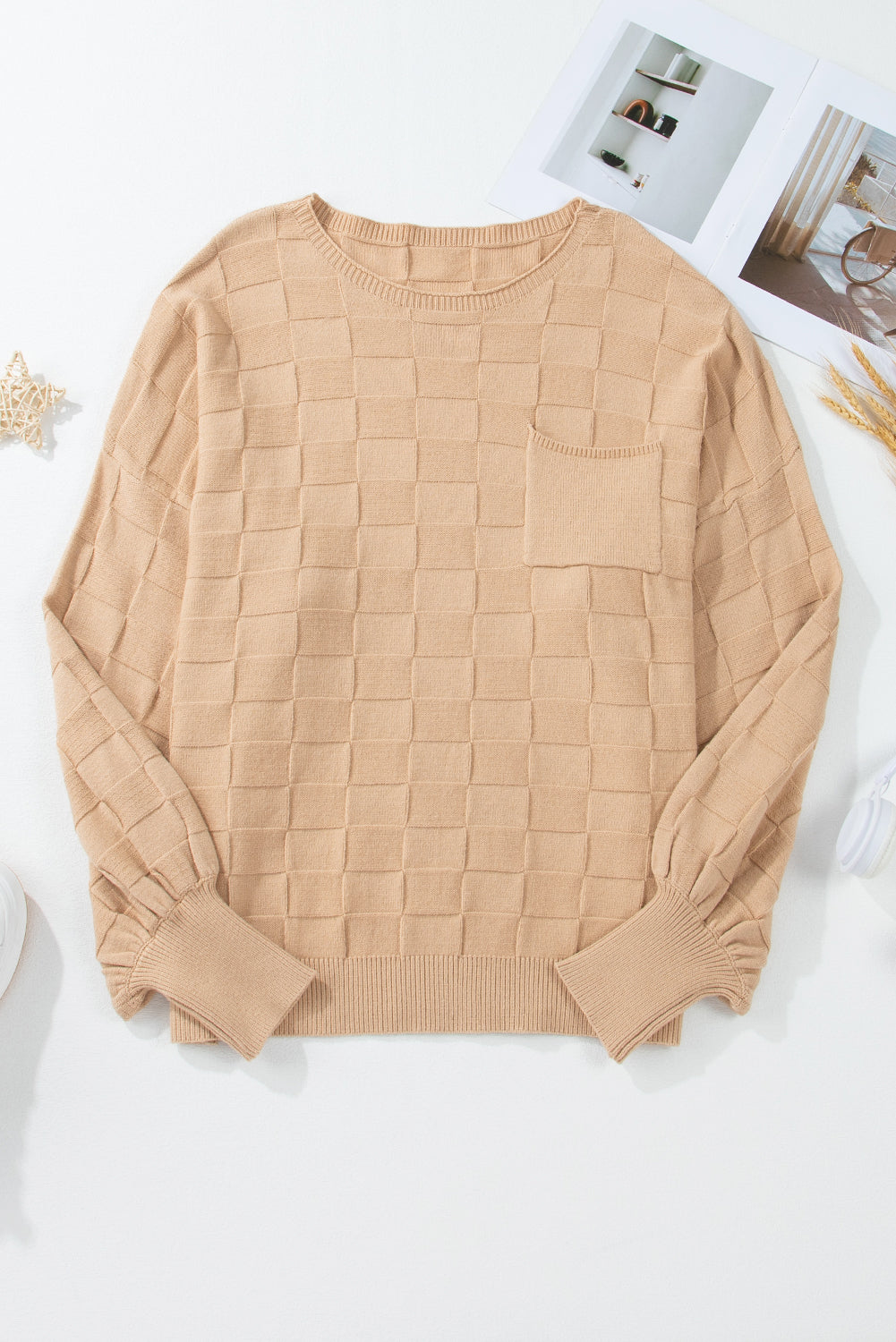 Solid Checkered Textured Knit Plus Size Sweater | Light French Beige