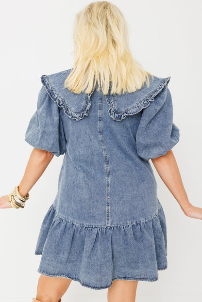 Ruffled Collared Side Pockets Puff Sleeve Denim Mini Dress | Dusk Blue