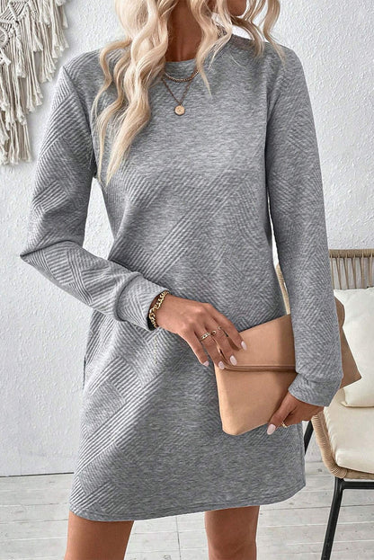 Solid Colour Textured Long Sleeve Shift Dress | Gray