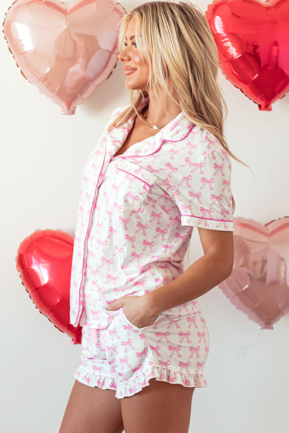 Bowknot Printed Short Sleeve And Ruffled Shorts Pajama Set | Pink