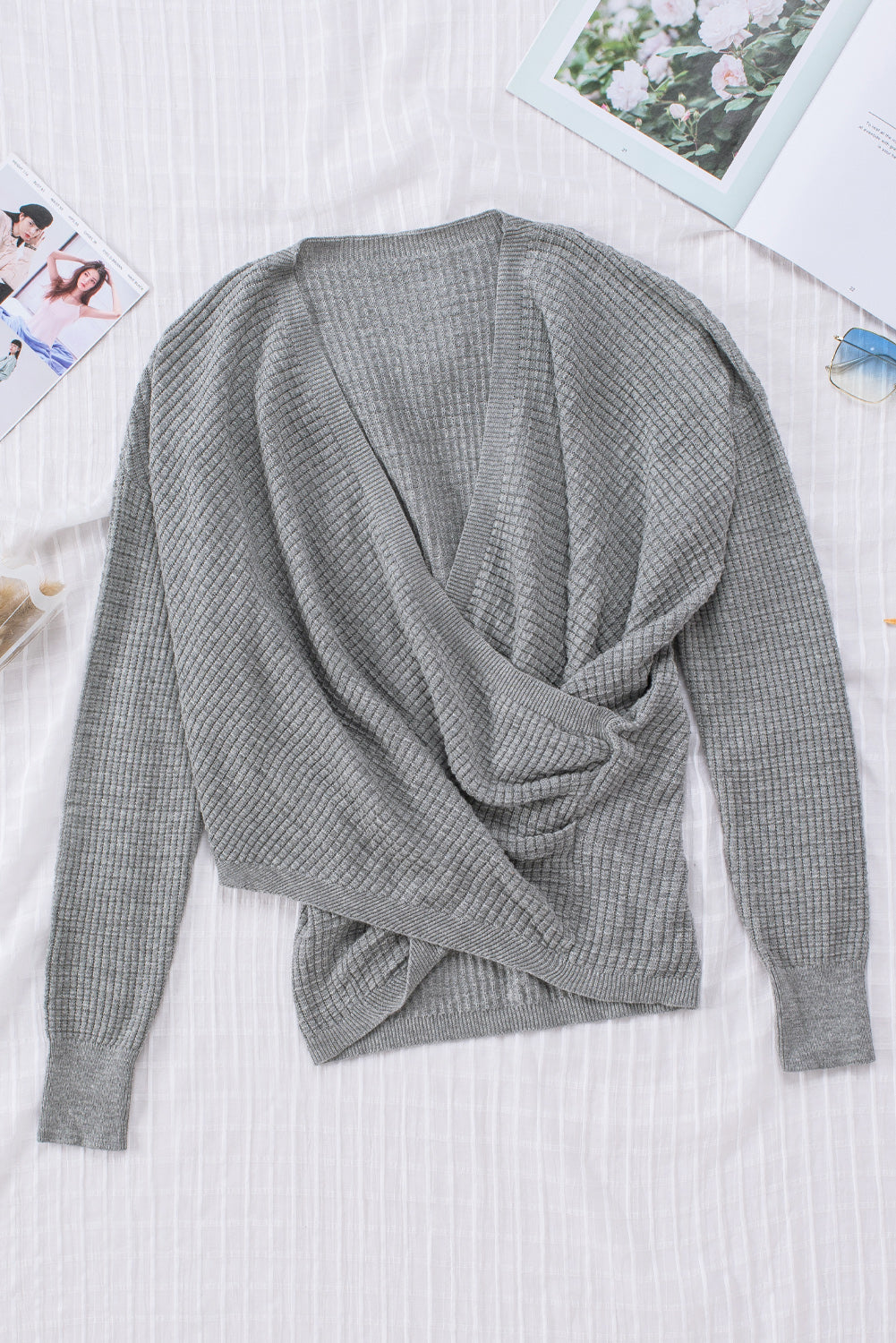 Wrap V Neck Waffle Sweater | Gray