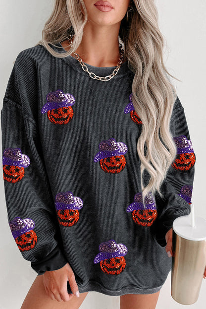 Black Sequined Halloween Pumpkin Ribbed Oversized Sweatshirt