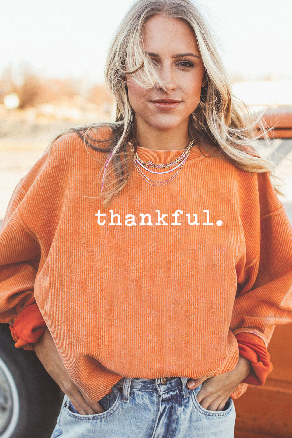 Thankful Ribbed Crew Neck Thanksgiving Sweatshirt | Orange