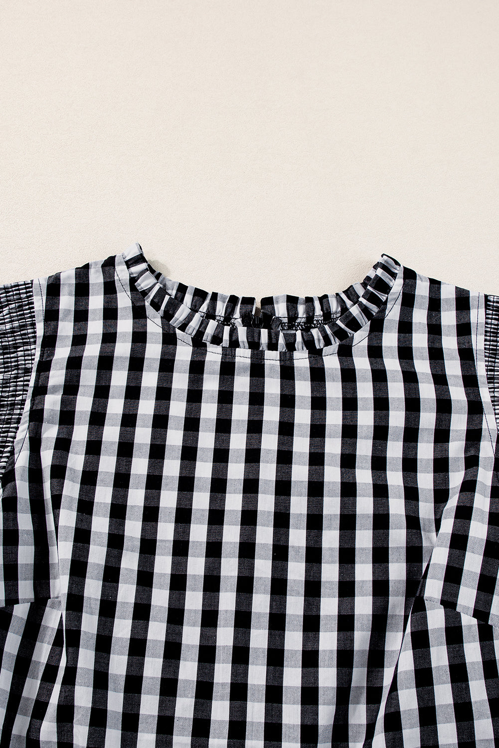 Checkered Ruffled Sleeve Frilled Neck Blouse | Black