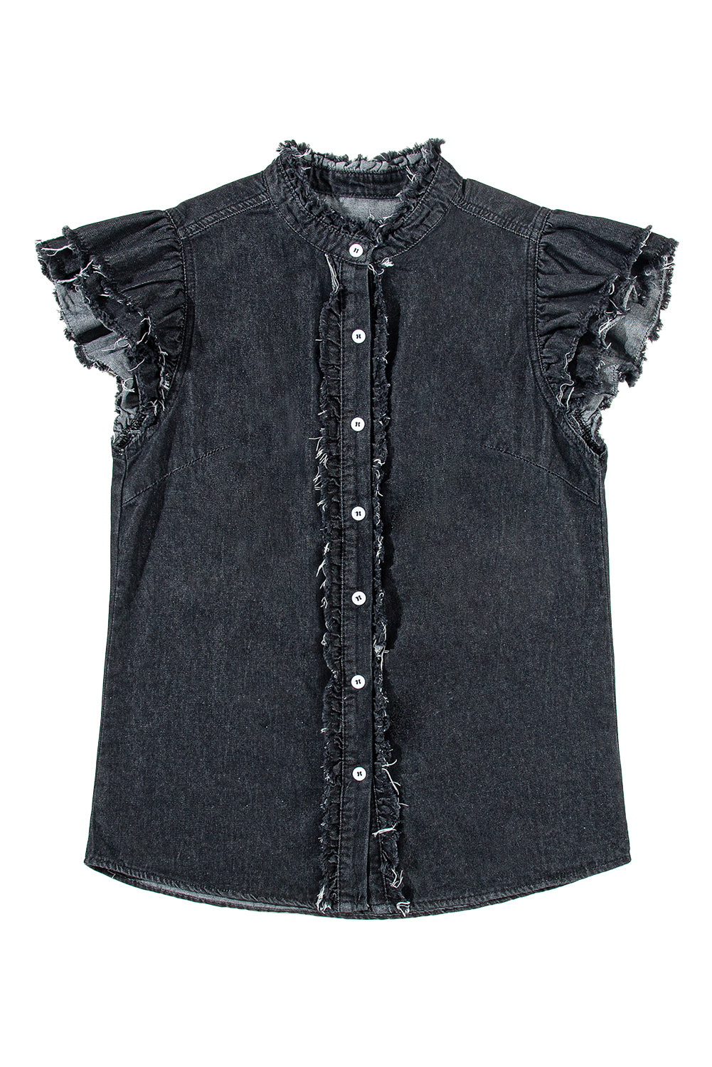 Button Front Ruffled Flutter Frayed Denim Top | Black