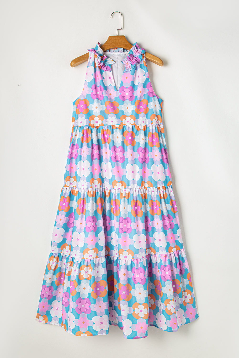 Floral Print Frilly Neck Sleeveless Tiered Maxi Dress | Sky Blue