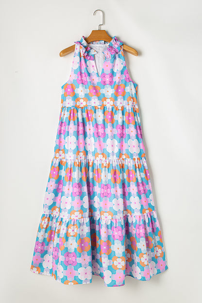 Floral Print Frilly Neck Sleeveless Tiered Maxi Dress | Sky Blue