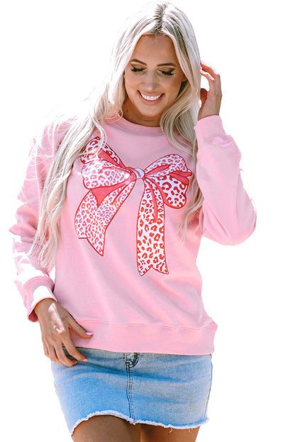 Leopard Bowknot Printed Crewneck Pullover Sweatshirt | Pink