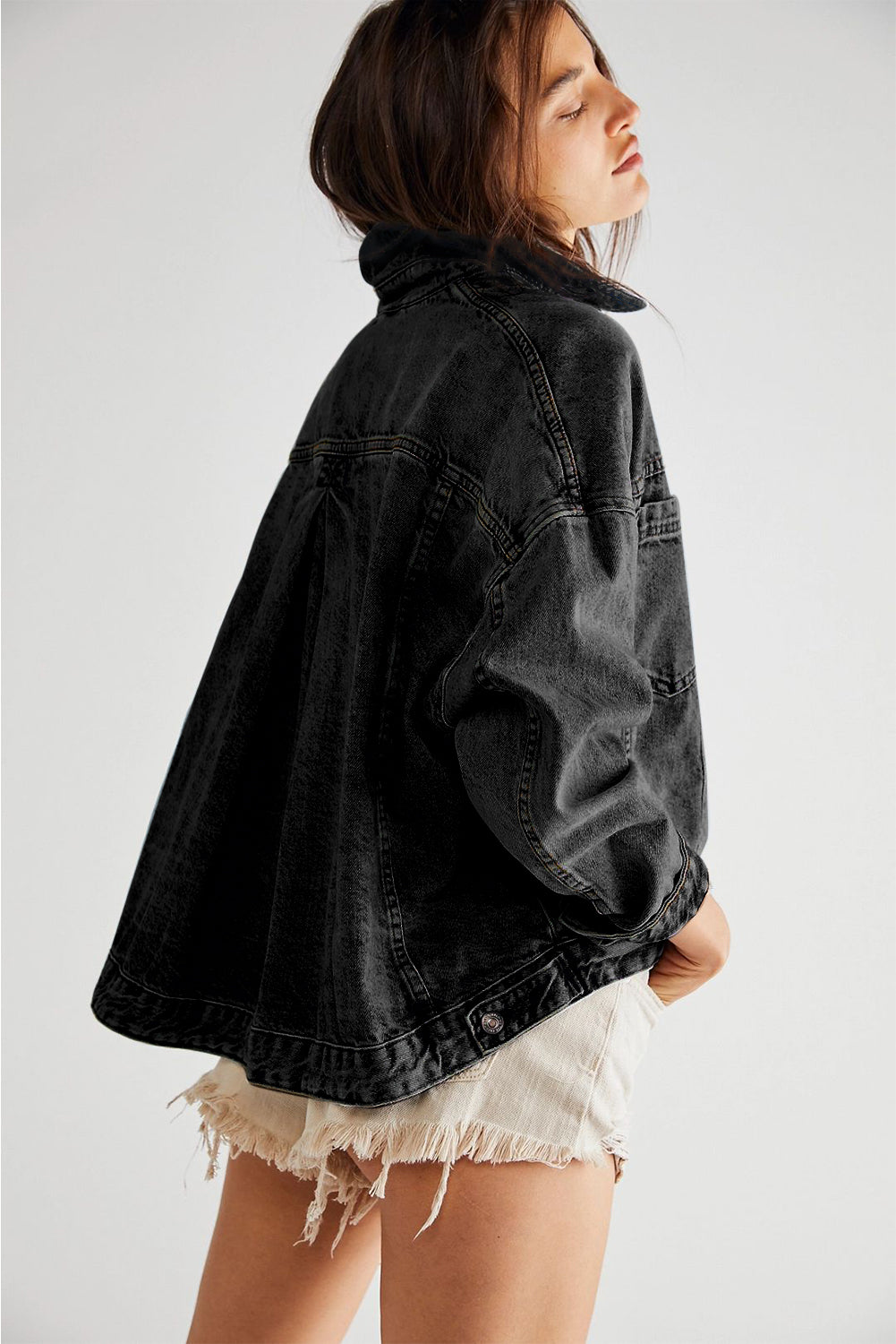 Washed Oversize Pocketed Denim Jacket | Black