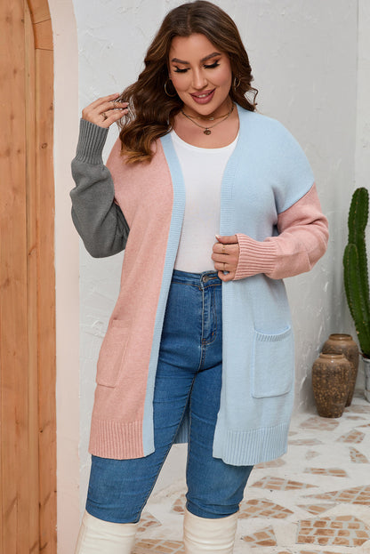 Plus Size Colourblock Pocketed Open Front Cardigan | Multicolour