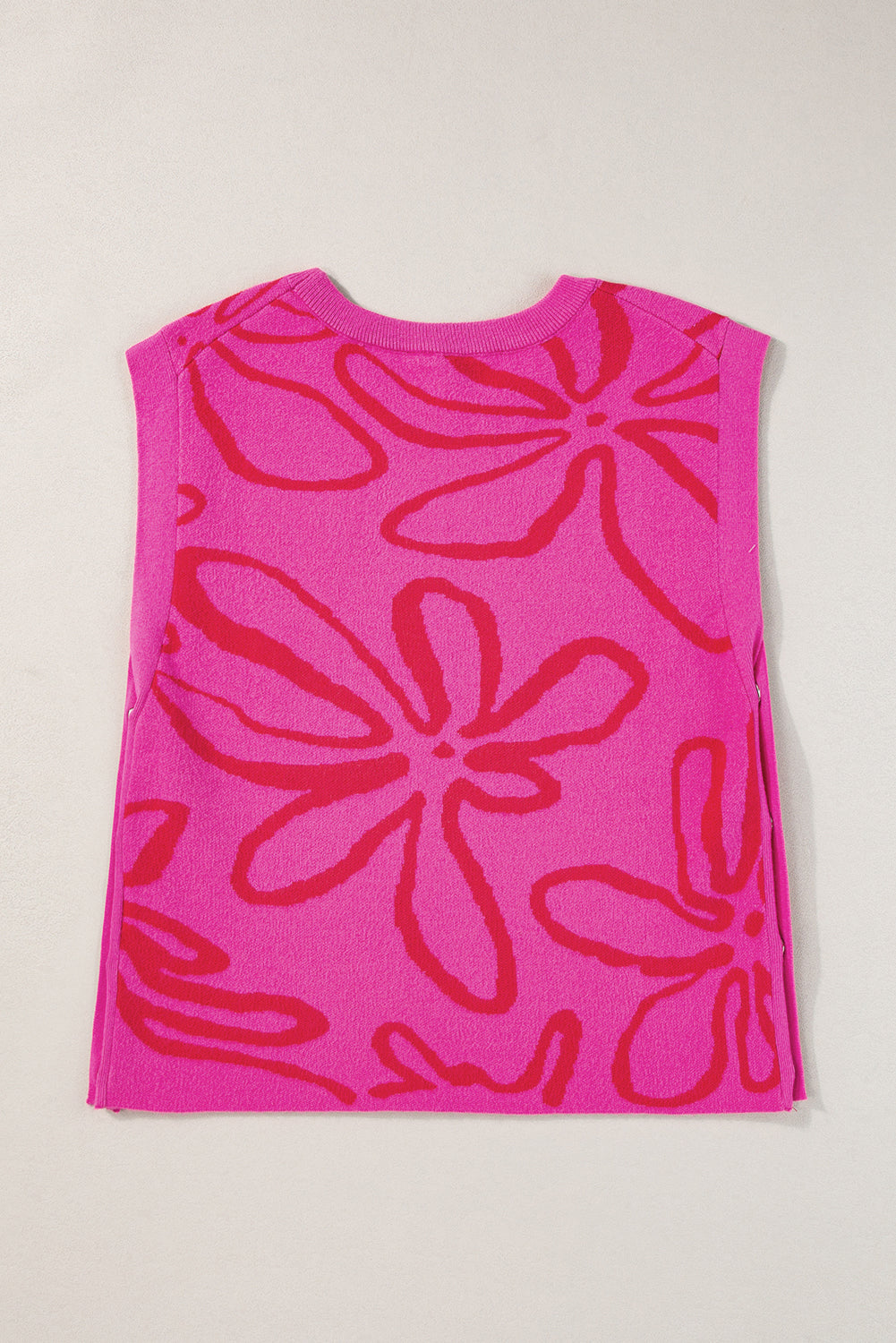 Button Sides Sleeveless Floral Knitted Top | Bright Pink