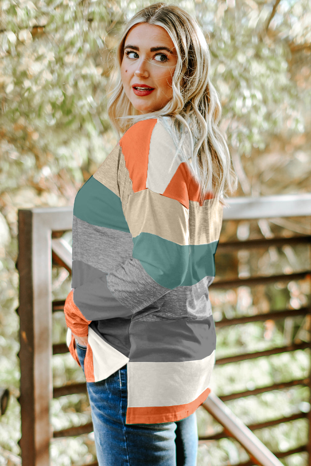 Plus Size Colourblock Pullover Top | Green Stripe