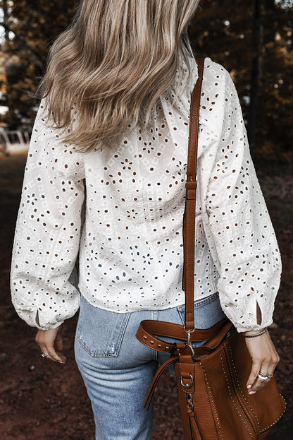 Eyelet Embroidered Puff Sleeve V Neck Blouse | White