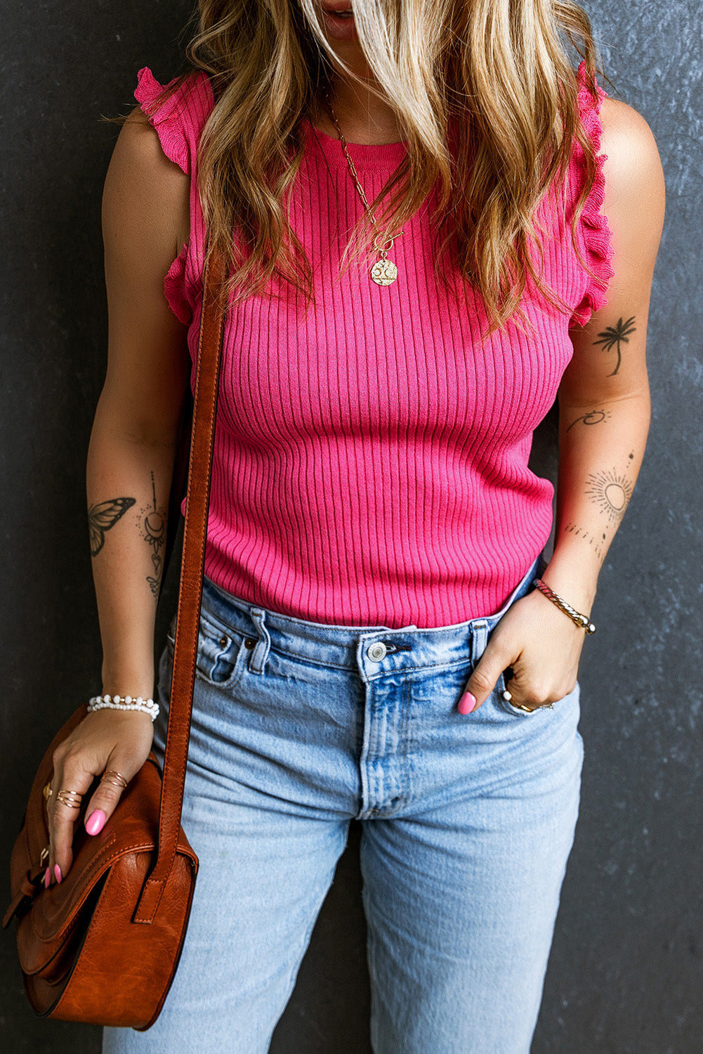 Ribbed Ruffled Sweater Tank | Bright Pink