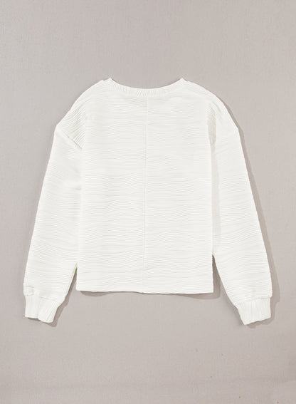 Wavy Texture Drop Shoulder Long Sleeve Top | White