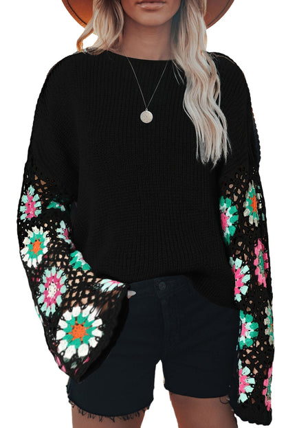 Floral Crochet Bell Sleeve Loose Sweater | Black