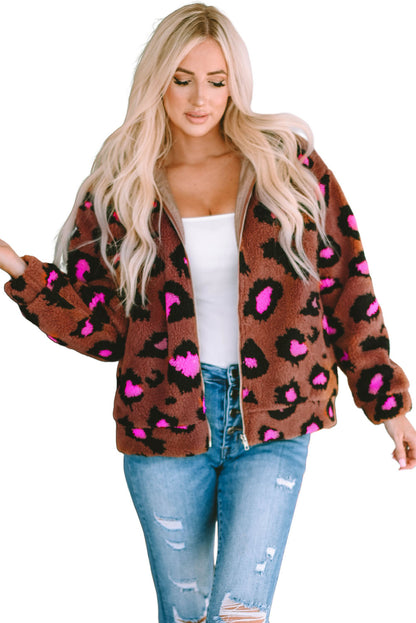 Zip Up Stand Collar Sherpa Teddy Jacket | Leopard